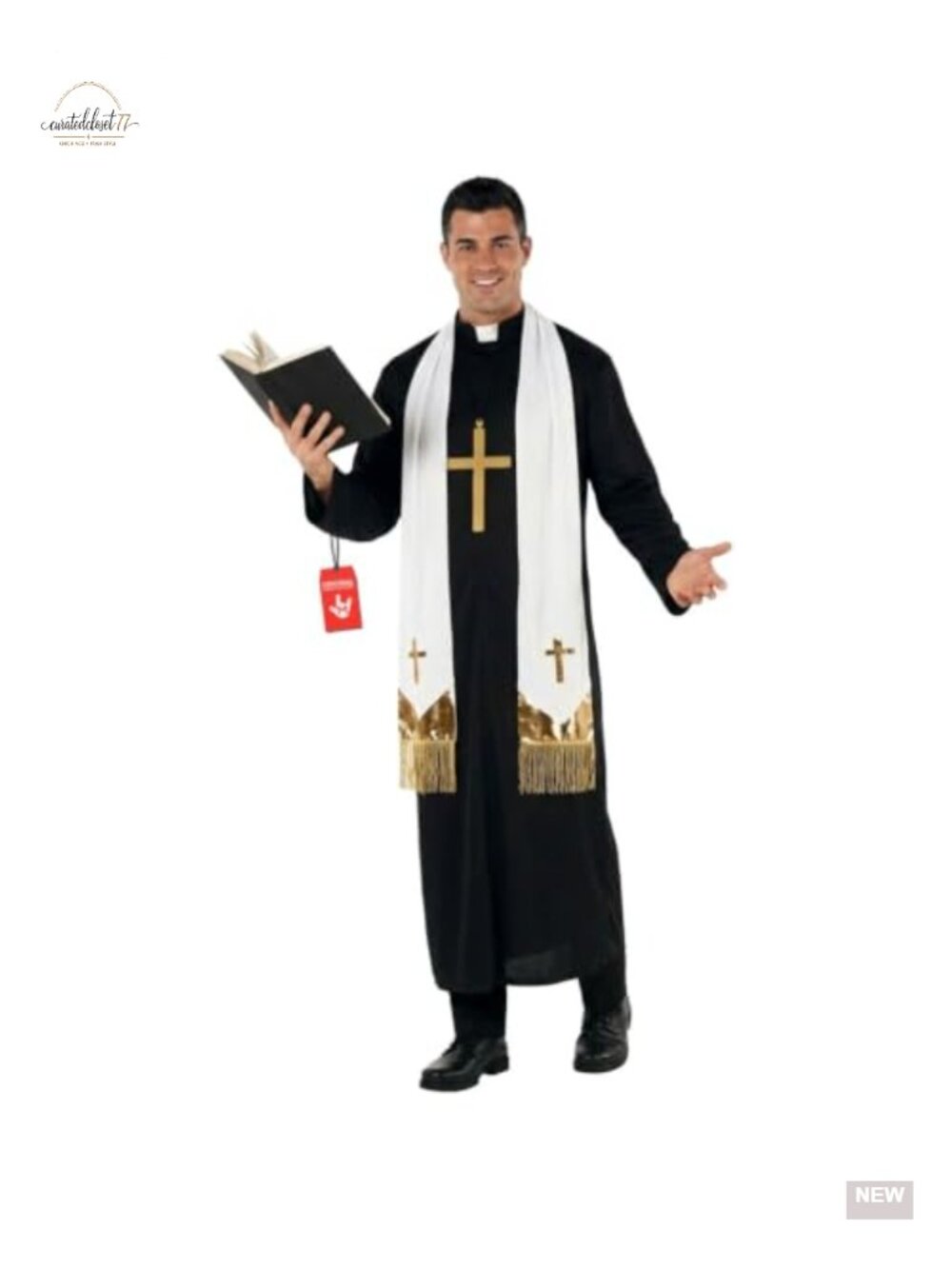 Priest Costume Men Robe with Collar Stole Cross Necklace Halloween Outfit